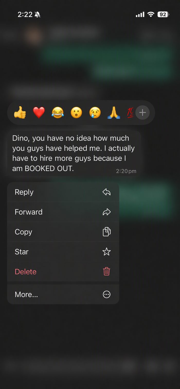 Text message from Active client: Hiring more guys because he is booked out